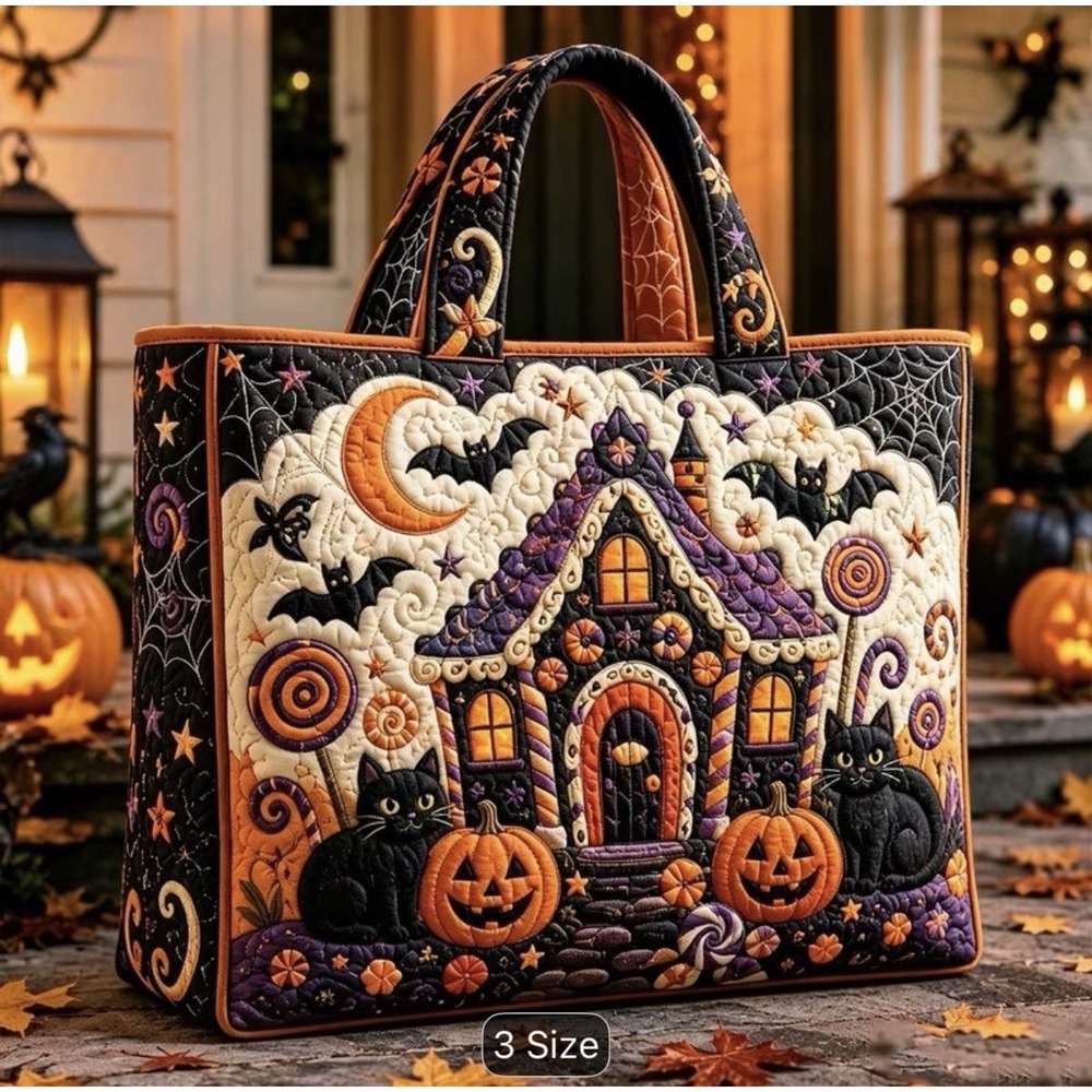 NEW Halloween Cottage with Black Cat & Pumpkin Vintage Looking Homemade Tote Bag